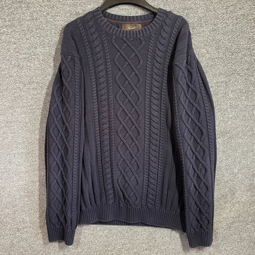 Tasso Elba Sweater Mens XL Navy Blue Cable Knit 100% Cotton Crew Neck Pullover